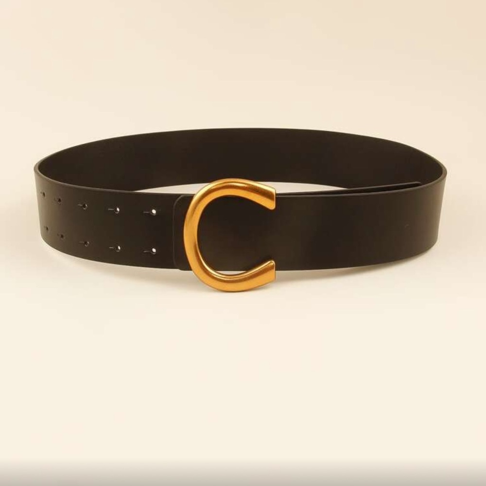 Elegant Vegan Leather Black and Gold  Wide Women's Minimalist Belt - Picture 6 of 9